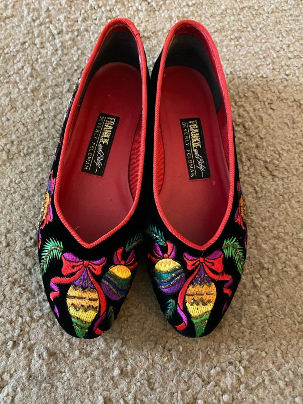 Beverly Feldman Black Velvet Embroidered Holiday Flats with Red Trim